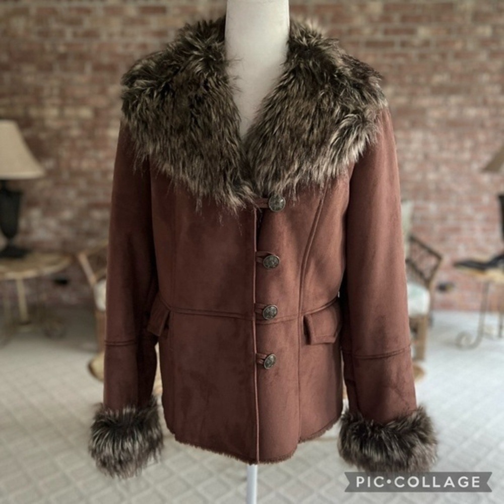 Terry Lewis Brown Faux Suede Faux Fur Jacket M Y2K Quiet Luxury